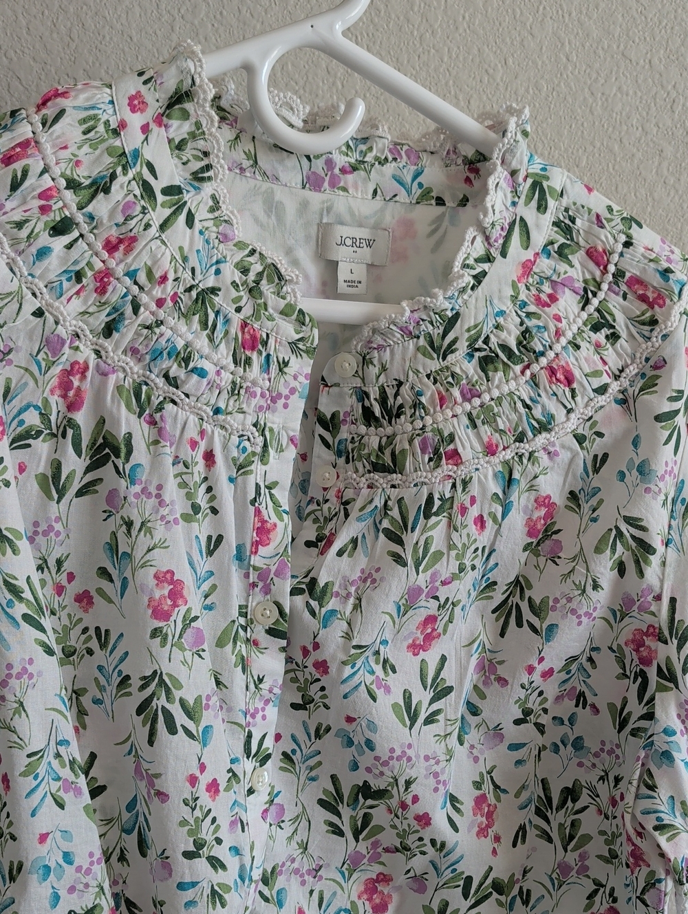 J. Crew Women's White Floral Blouse with White Pink & Green Print